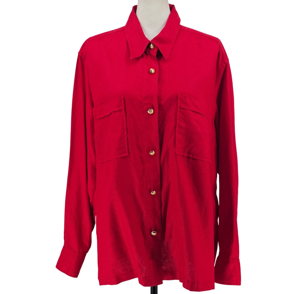 Vintage Lauren Ralph Lauren Linen Shirt 2X Red Gold Button Old Money Preppy